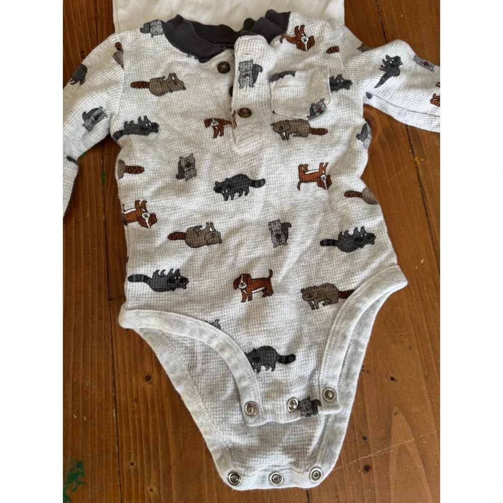 Carter's Baby 6M 2pc Long Sleeve Bodysuit Outfit Dinosaur Dog Print‎